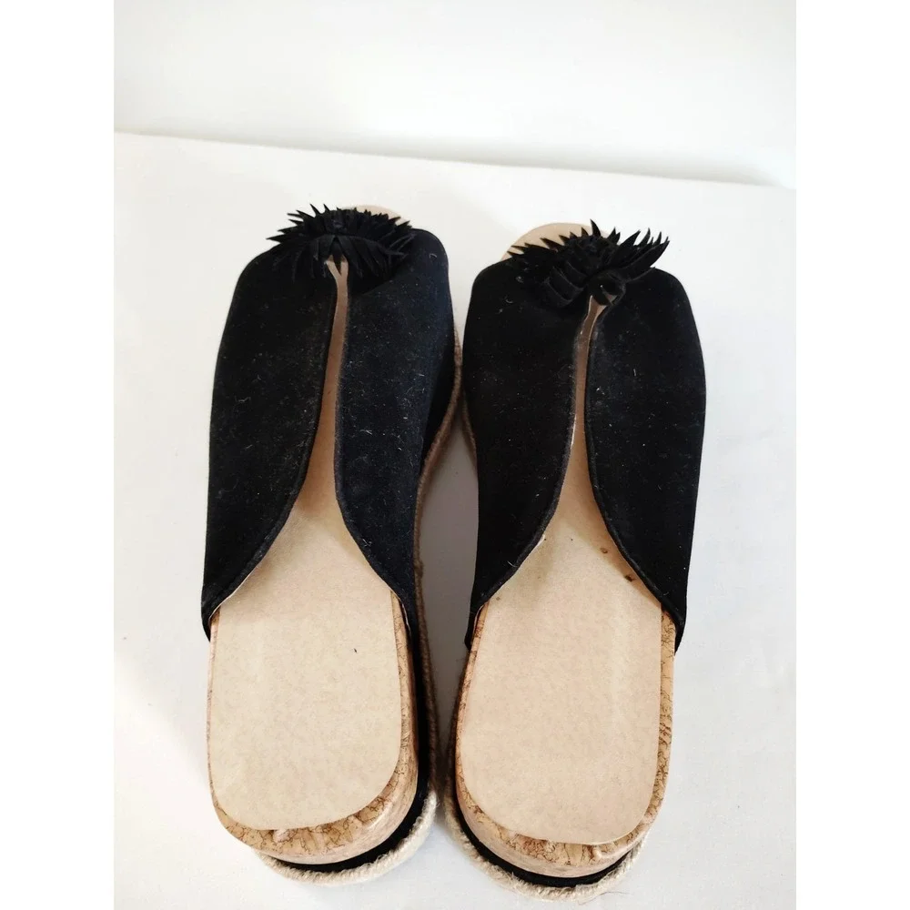 Women 10 Black Slip‑On Flower Cork Platform Gothic Boho Sandals   Woven Sole EUC